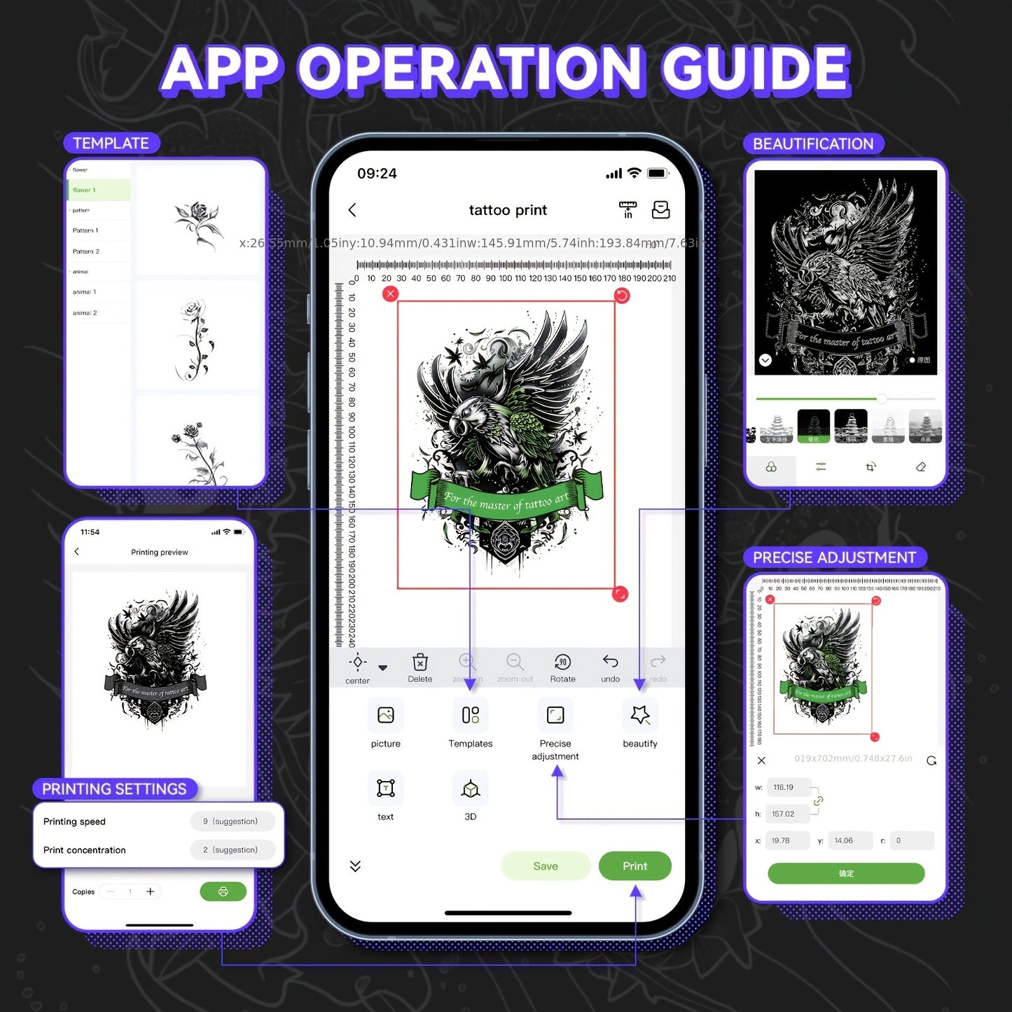 Peripage P90 Tattoo Stencil Printer Tattoo Printer Thermal Printer for DIY Tattoo, Mini Portable Printer, Compatible with Smartphone and PC, iOS, for Android, with 5pcs A4 Tattoo Transfer Paper
