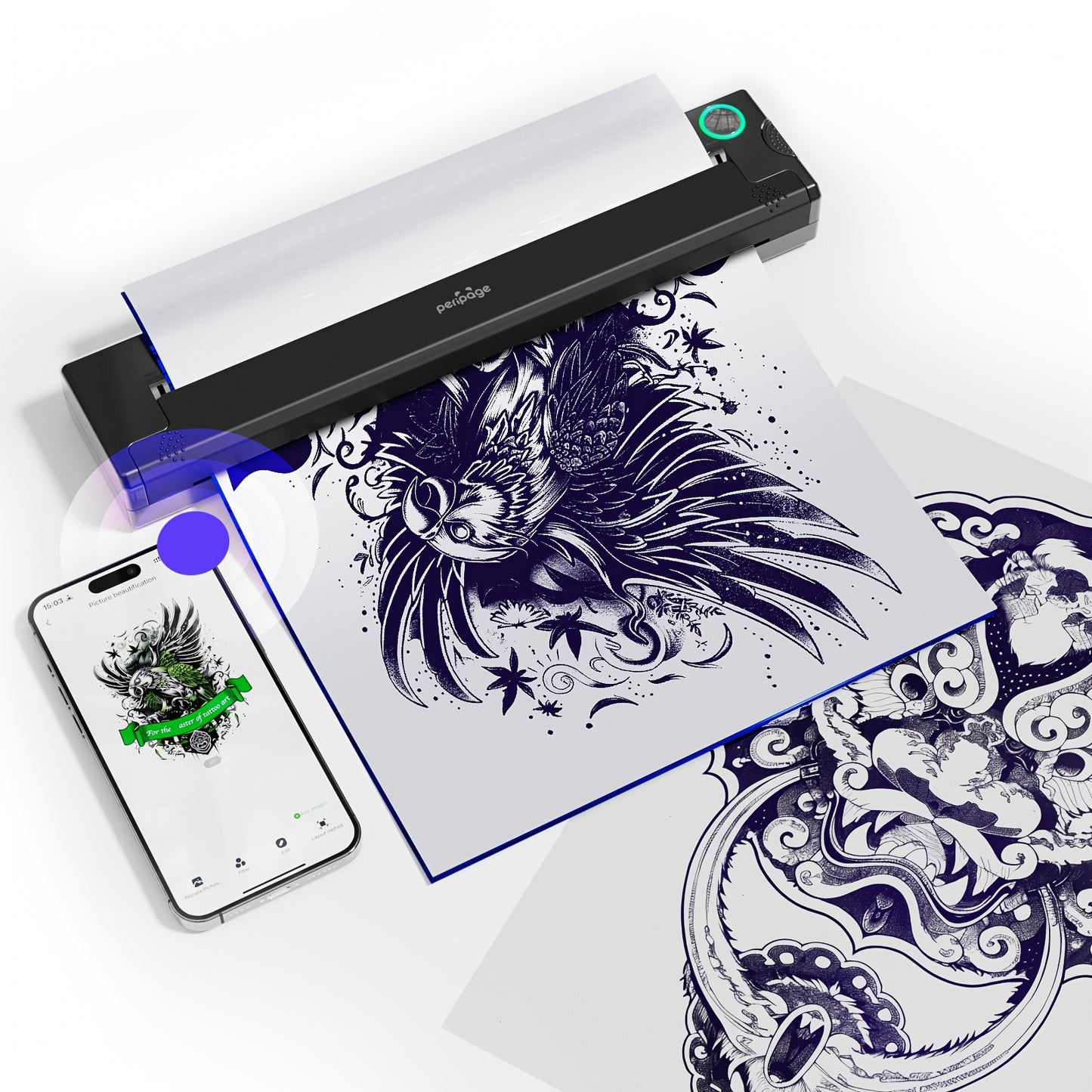 Peripage P90 Tattoo Stencil Printer Tattoo Printer Thermal Printer for DIY Tattoo, Mini Portable Printer, Compatible with Smartphone and PC, iOS, for Android, with 5pcs A4 Tattoo Transfer Paper