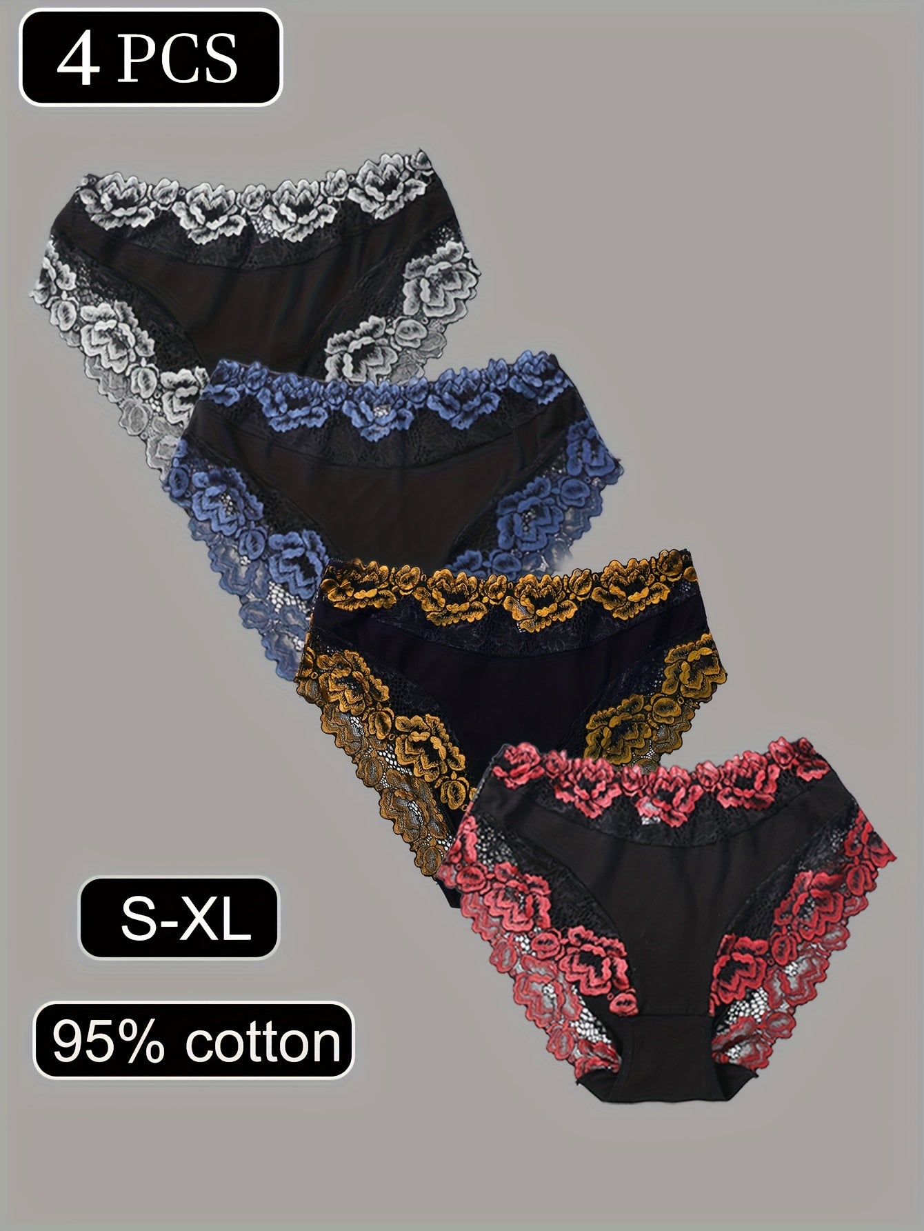 4pcs Women'S High-Waisted Lace Trim Panties - Breathable Mid-Rise Briefs with Floral Patterns, Elegant Contrast Trim in Black, Blue, Red & Golden, Comfortable & Stylish Underwear, Lace Trim Panties, Comfortable Underwear, Ele