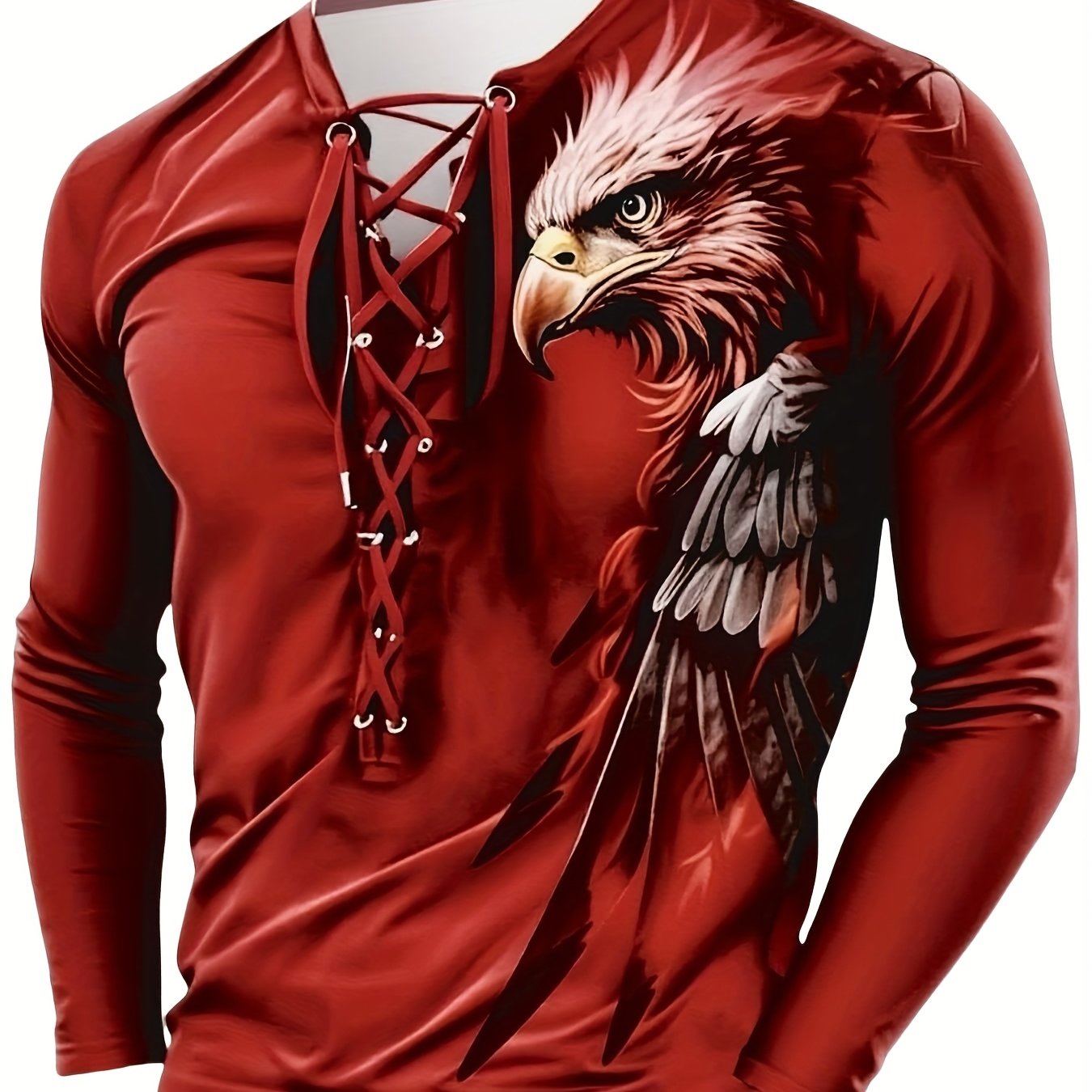 Men'S Vintage-Inspired Red Henley Shirt - Casual Long Sleeve, V-Neck with Drawstring Detail, Geometric Pattern, All-Season Comfort Fit, Vintage Henley Shirt