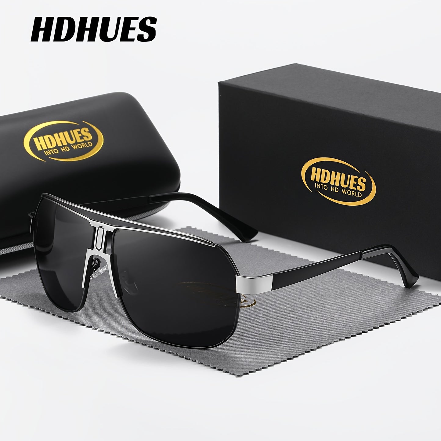 HdHues Unisex Polarized Glasses, Casual Square Oversized Frame, Metal & Acetate, PC Lens, UV Protection, Daily Leisure Sports Glasses with Case