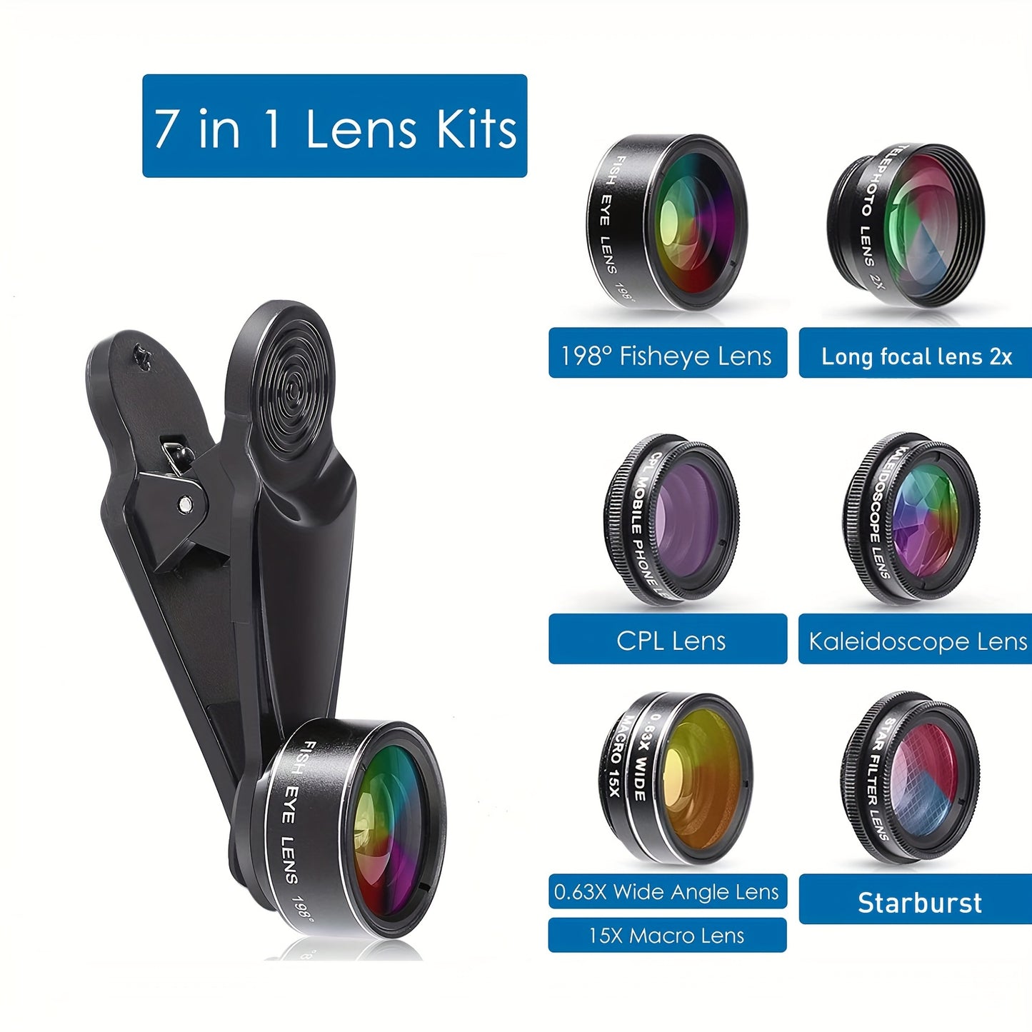 7in 1 Phone Camera Lens Kit-198° Fisheye Lens+ 15X Macro Lens+ 0.63X Wide Angle Lens+ Long Focal Lens 2x+ CPL+ Kaleidoscope+Starburst+, Clip-on Camera Lens for iPhone 11/12/13, for Samsung/Android
