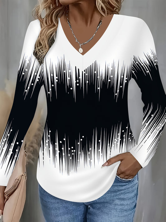 Women'S Elegant Gradient Print V-Neck Long Sleeve T-Shirt - Black to White Ombre Design, Soft & Comfortable Casual Top, Perfect for Casual Attire, Allseason Top | Stylish Gradient Shirt | Smooth Texture