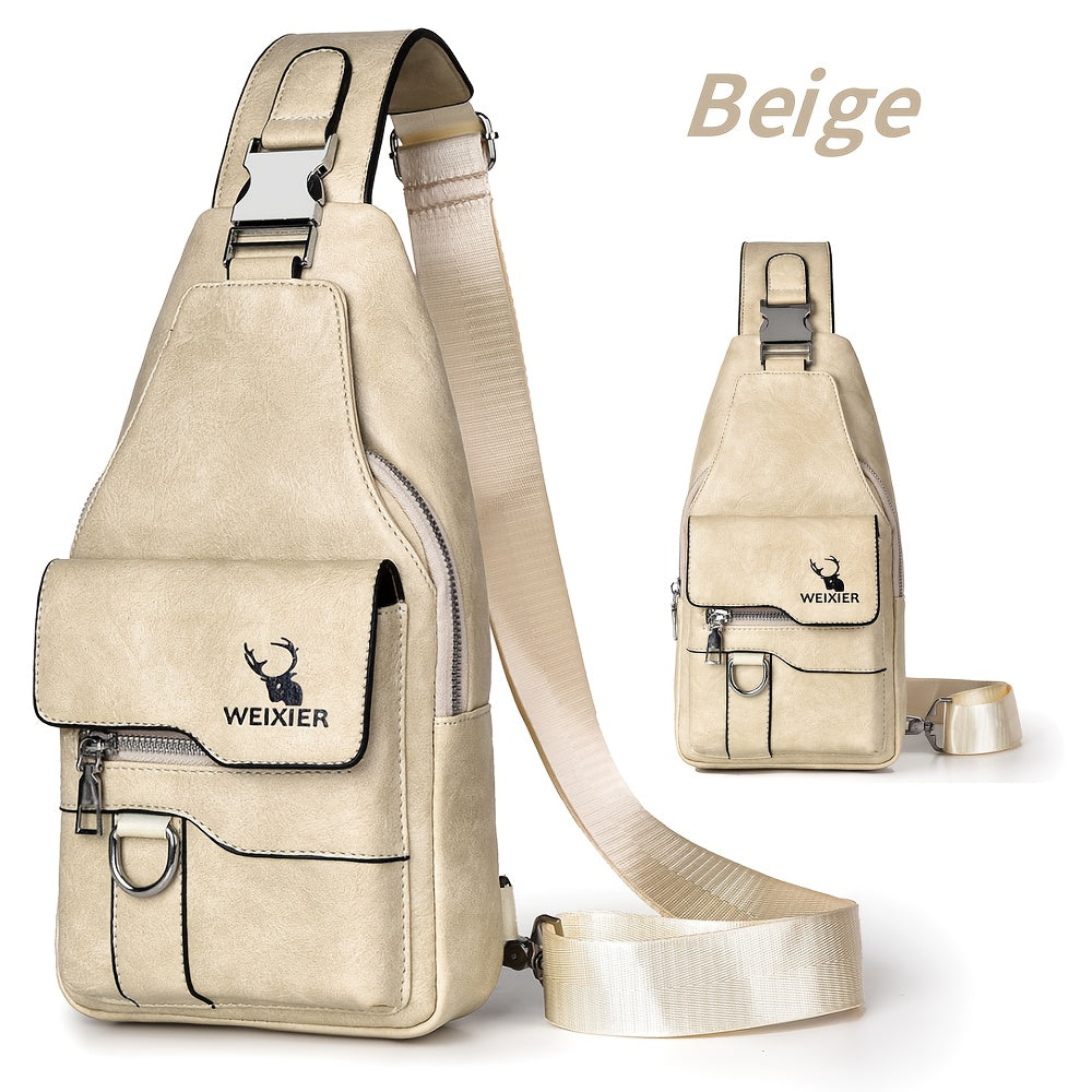 WEIXIER Vintage-Style PU Leather Sling Bag with Adjustable Strap, Multiple Pockets, Large Capacity – Brown, Black, Gray Options for Work, School, Travel & Casual Use, Small Crossbody Bag