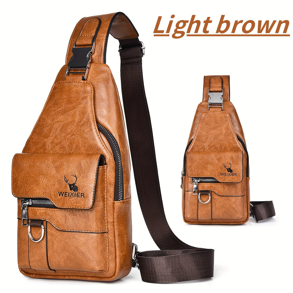 WEIXIER Vintage-Style PU Leather Sling Bag with Adjustable Strap, Multiple Pockets, Large Capacity – Brown, Black, Gray Options for Work, School, Travel & Casual Use, Small Crossbody Bag