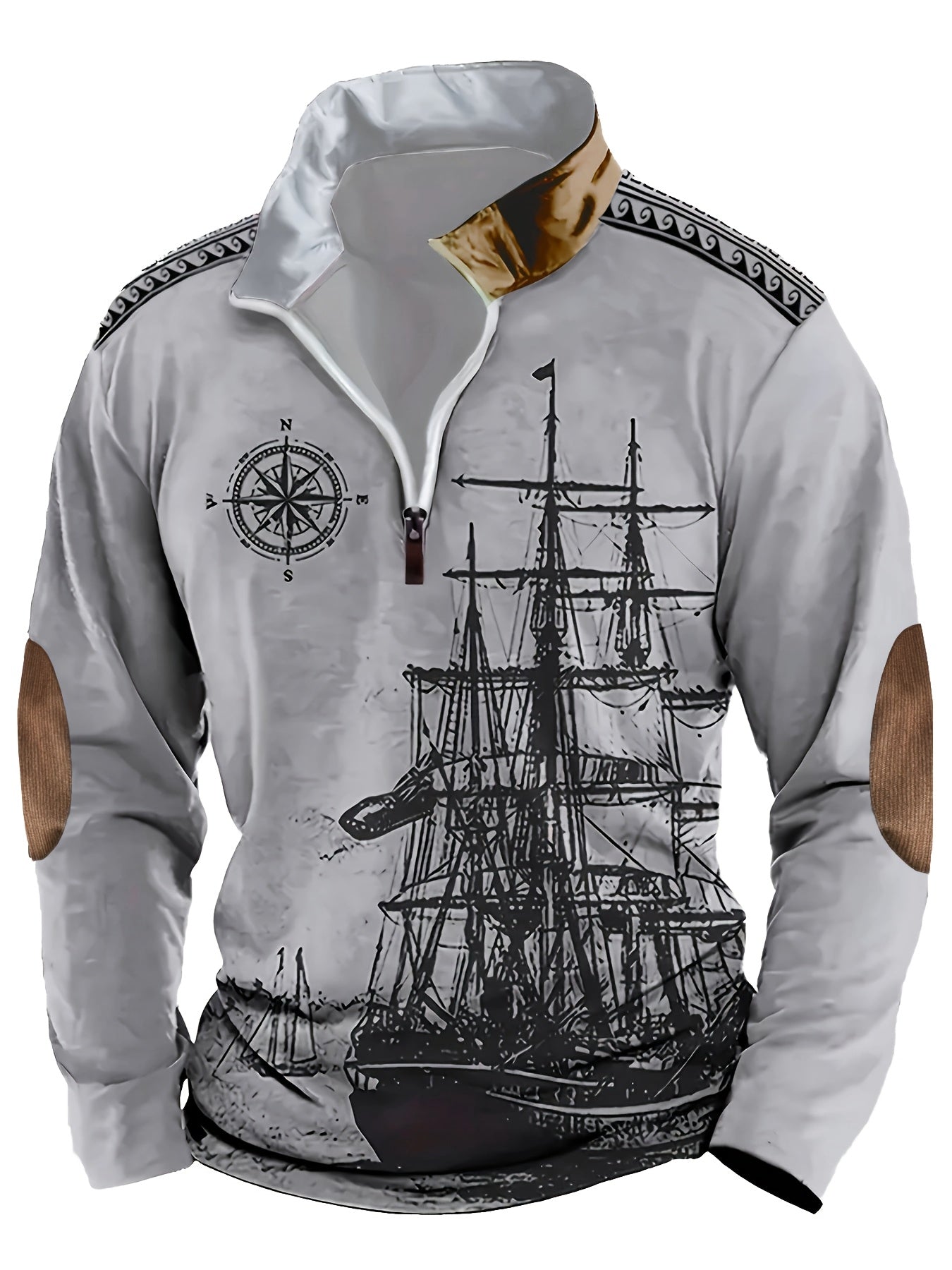 Autumn Distressed Style Sailboat Print Men'S Casual Comfortable Long-Sleeved Polo Shirt Inner Cloth