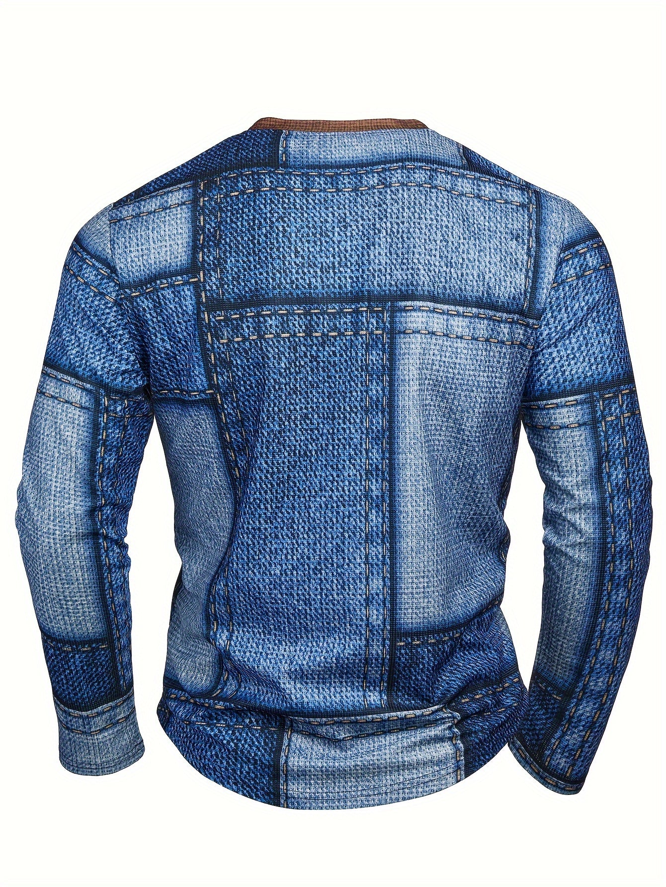 Men'S Casual Crew Neck Long Sleeve Geometric-pattern Henry Shirt, Slight Stretch Fabric, with Button and Heat Transfer Printing, for Outdoor, Spring/Fall