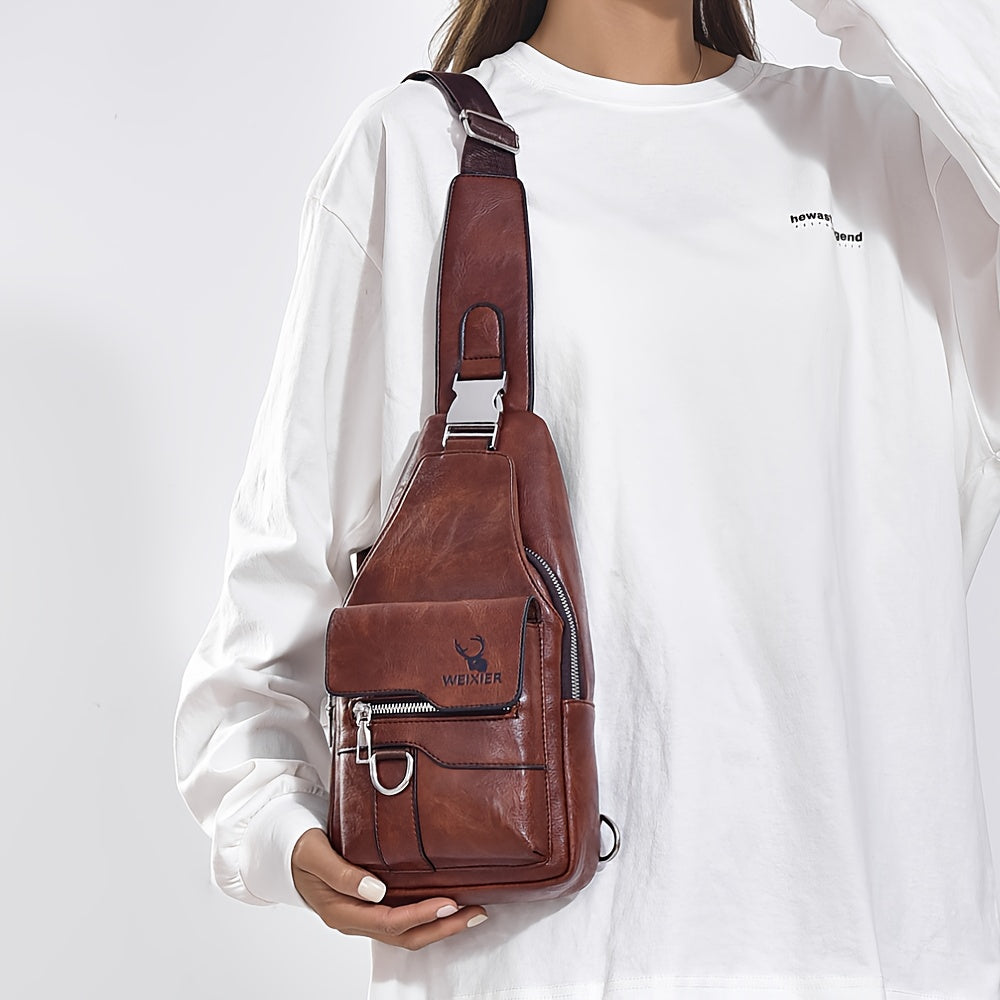 WEIXIER Vintage-Style PU Leather Sling Bag with Adjustable Strap, Multiple Pockets, Large Capacity – Brown, Black, Gray Options for Work, School, Travel & Casual Use, Small Crossbody Bag