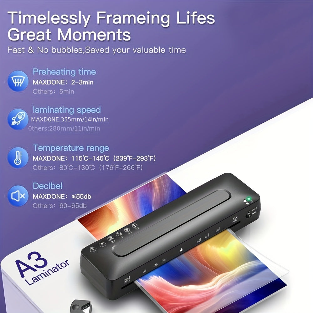 5-in-1 A3 Laminator Machine with Paper Trimmer & Corner Rounder - Cold & Thermal Laminating Sheets Included, Ideal for Home Office & School Use, 220V-240V, European Standard Plug, Office Laminating Machine|Modern Laminator|Du