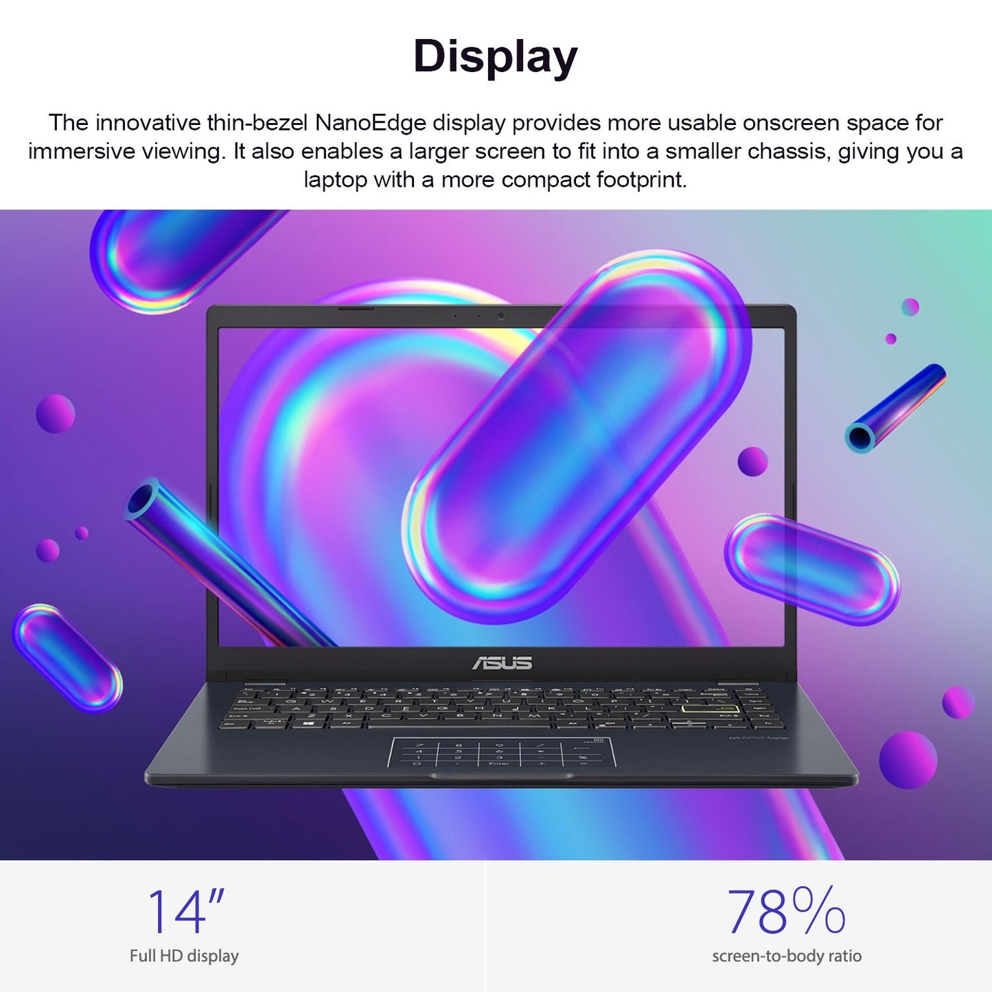 ASUS Laptop, 14" FHD Display, Intel Celeron N4500, 4GB Memory, 64GB eMMC, Touchpad, Webcam, Wi-Fi, Windows 11 Home, Quiet Blue