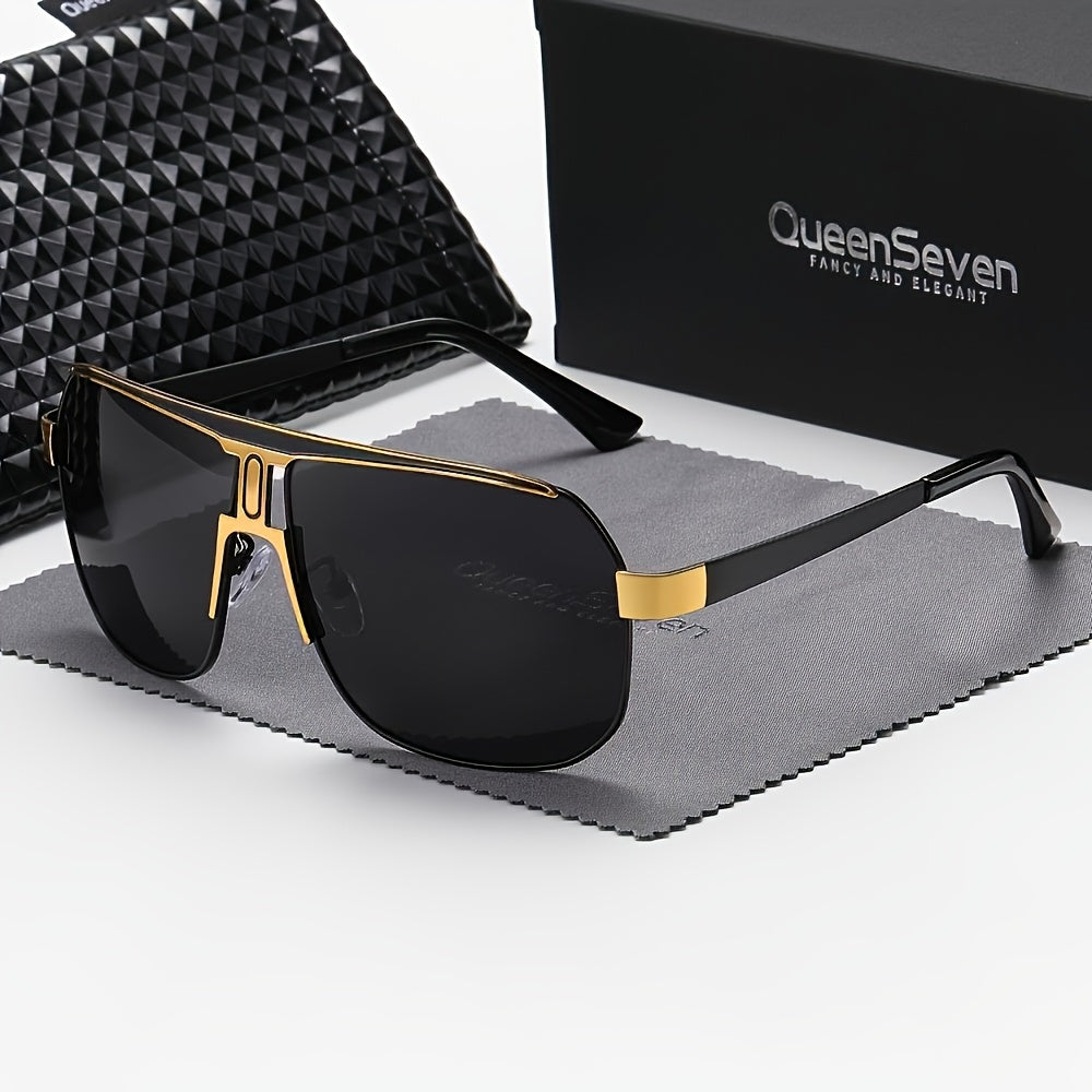 QUEENSEVEN Unisex Oversized Square Frame Fashion Glasses - 60041 UV400, PC Lens & Frame, Metal Frame with Golden Accents, Includes Case & Cloth for Driving, Casual & Formal Wear, Stylish Accessory, Durable Eyewear