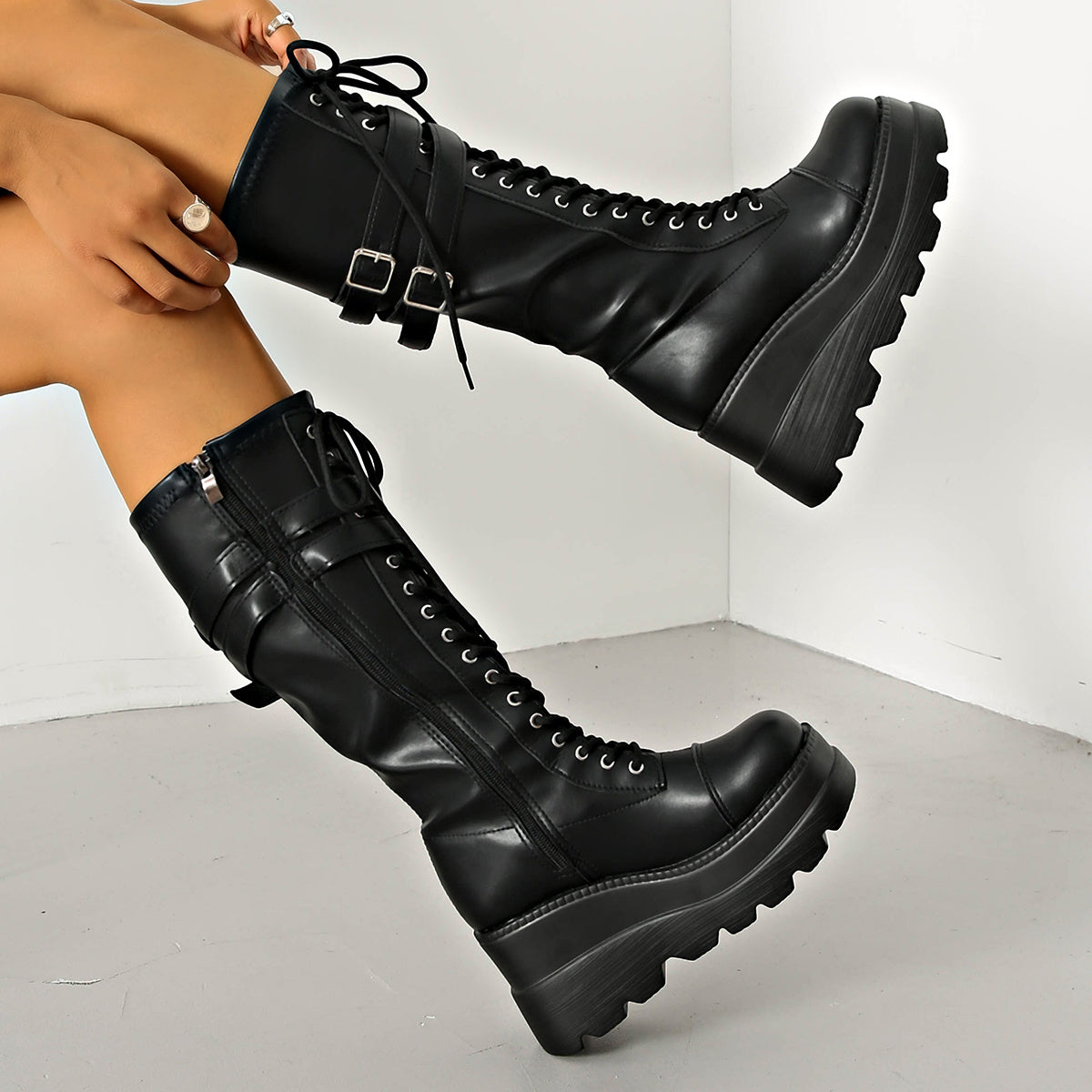 iH2 Women's Winter Platform High-Heel Boots - Thick Platform Wedge (Up to 4cm) with Back Zipper Closure, Round Toe Faux Snow Boots, TPR Sole & Fabric - Dress Boots for Dresses/Coutfits (European/American Style) - Heavy-Duty