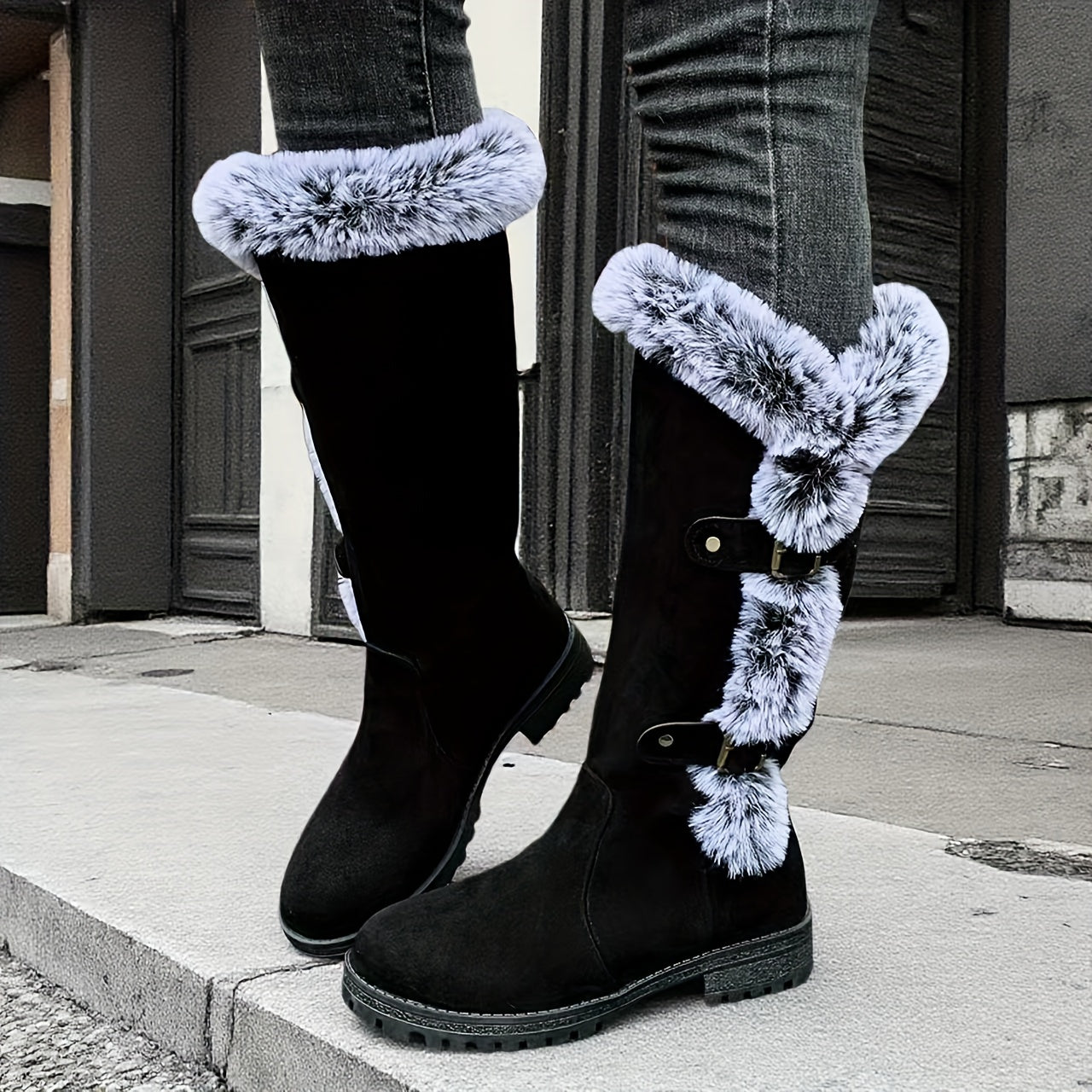 Women'S Winter Warm Fleece-Lined Mid-Calf Boots with Plush Lining & faux fur Trim - Slip-On Round Toe Chunky Heel, PU Sole for Traction on Snowy/icy Conditions, & faux fur Collar & Cuff, Winter Boots | Plush Lined Interior |