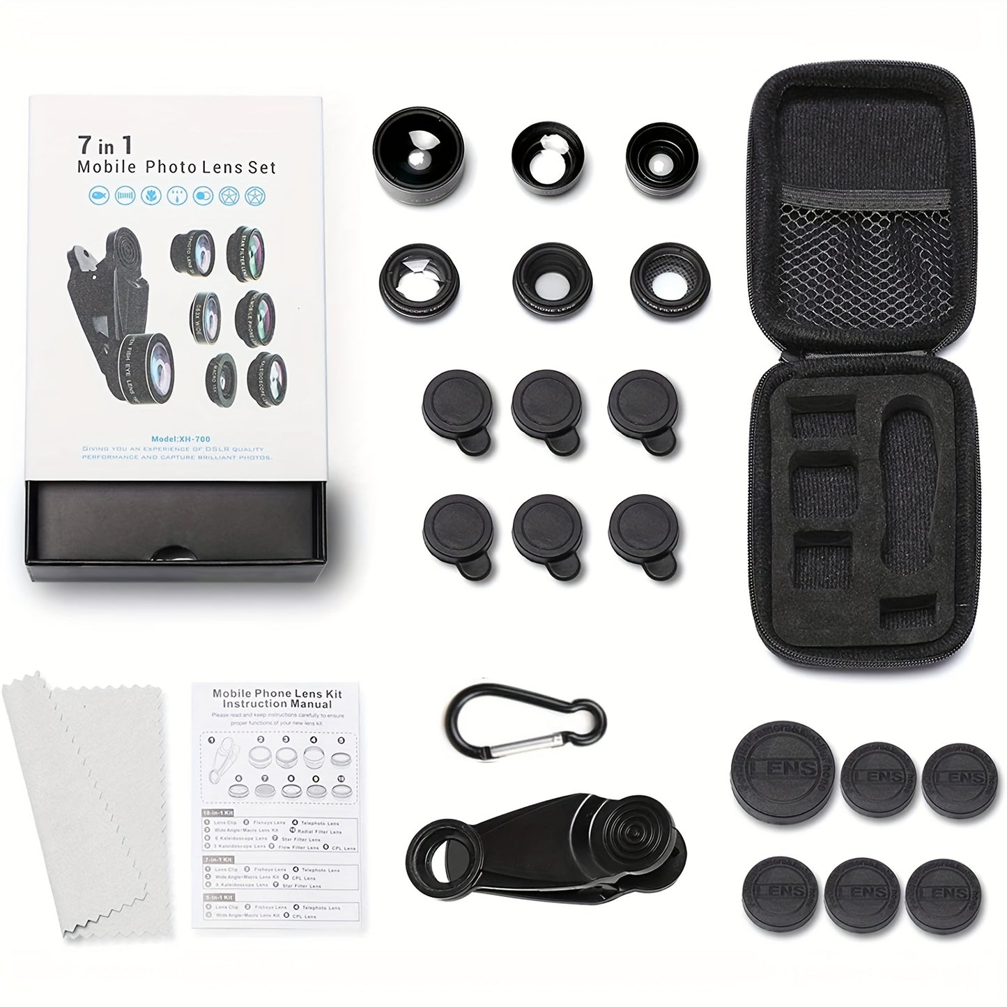 7in 1 Phone Camera Lens Kit-198° Fisheye Lens+ 15X Macro Lens+ 0.63X Wide Angle Lens+ Long Focal Lens 2x+ CPL+ Kaleidoscope+Starburst+, Clip-on Camera Lens for iPhone 11/12/13, for Samsung/Android