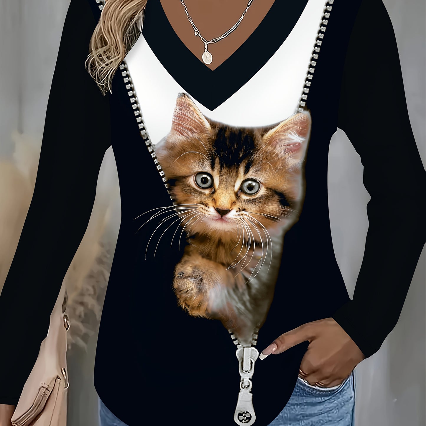 Women'S Elegant V-Neck Long Sleeve T-Shirt with Adorable Kitten Print - Soft Polyester Blend, Casual Comfort Fit, All-Season Wear, Machine Washable, Cute T Shirts