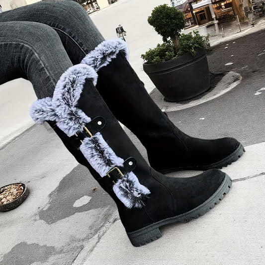 Women'S Winter Warm Fleece-Lined Mid-Calf Boots with Plush Lining & faux fur Trim - Slip-On Round Toe Chunky Heel, PU Sole for Traction on Snowy/icy Conditions, & faux fur Collar & Cuff, Winter Boots | Plush Lined Interior |