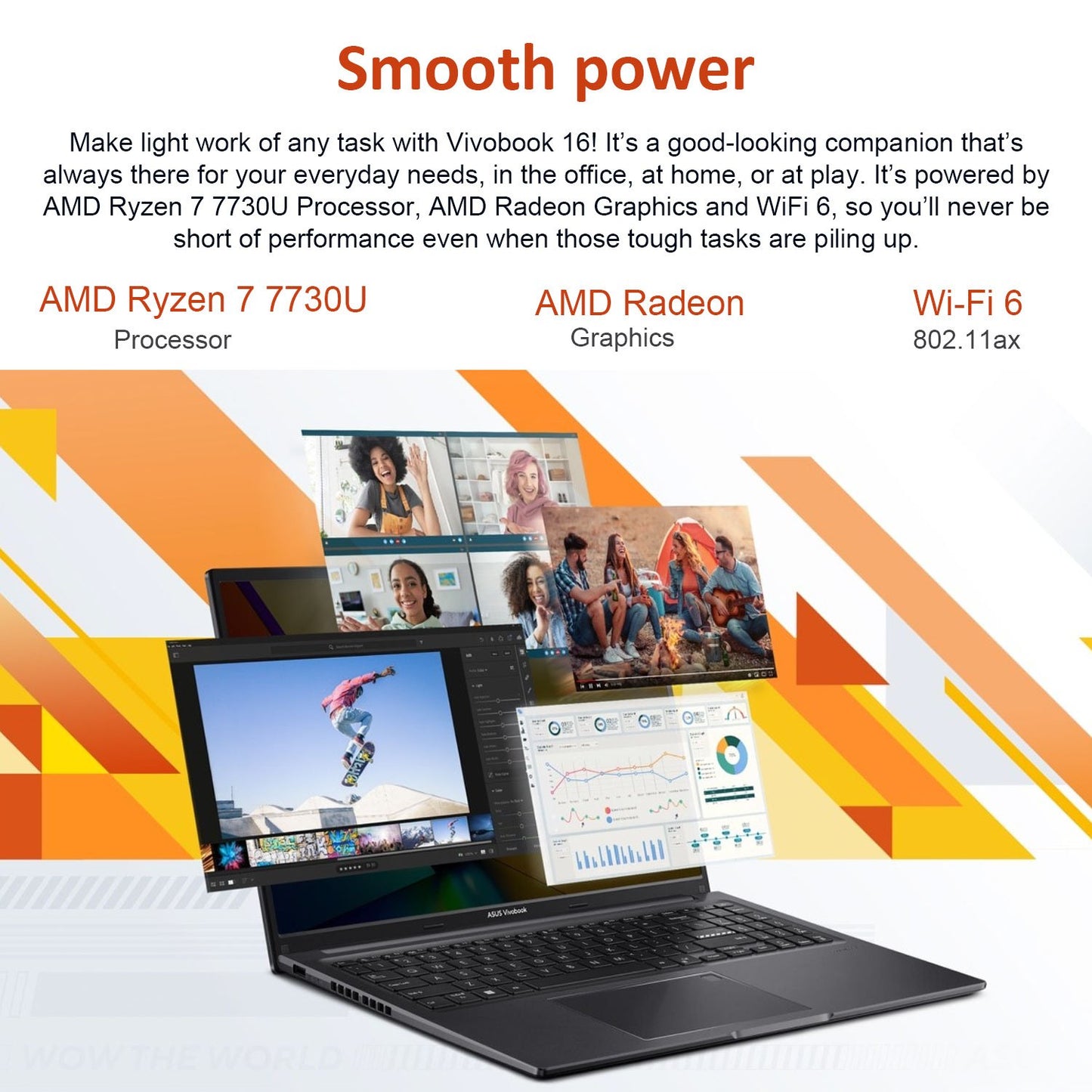 ASUS Vivobook 16 Laptop, 16" WUXGA Display, AMD Ryzen 7 7730U, AMD Radeon Graphics, 40GB RAM, 1TB PCIe SSD, Backlit Keyboard, Fingerprint Reader, Touchpad, Wi-Fi 6, Windows 11 Pro, Black