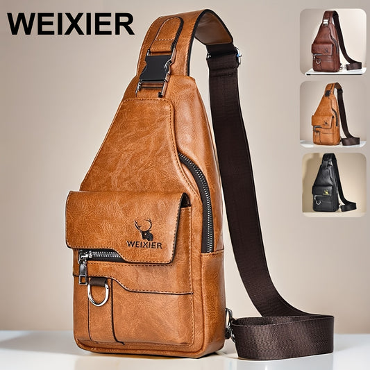 WEIXIER Vintage-Style PU Leather Sling Bag with Adjustable Strap, Multiple Pockets, Large Capacity – Brown, Black, Gray Options for Work, School, Travel & Casual Use, Small Crossbody Bag
