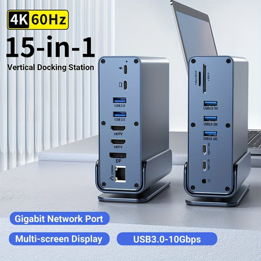 15-in-1 USB-C Docking Station Triple Display, 4K 60Hz HDTV Dual Outputs, DisplayPort, 2 USB 2.0, 3 USB 3.0, Dual Type-C Ports, 100W PD Charging, Gigabit Ethernet, SD/TF Card Reader 3.0, 3.5mm Audio Jack, 360° Rotatable for W