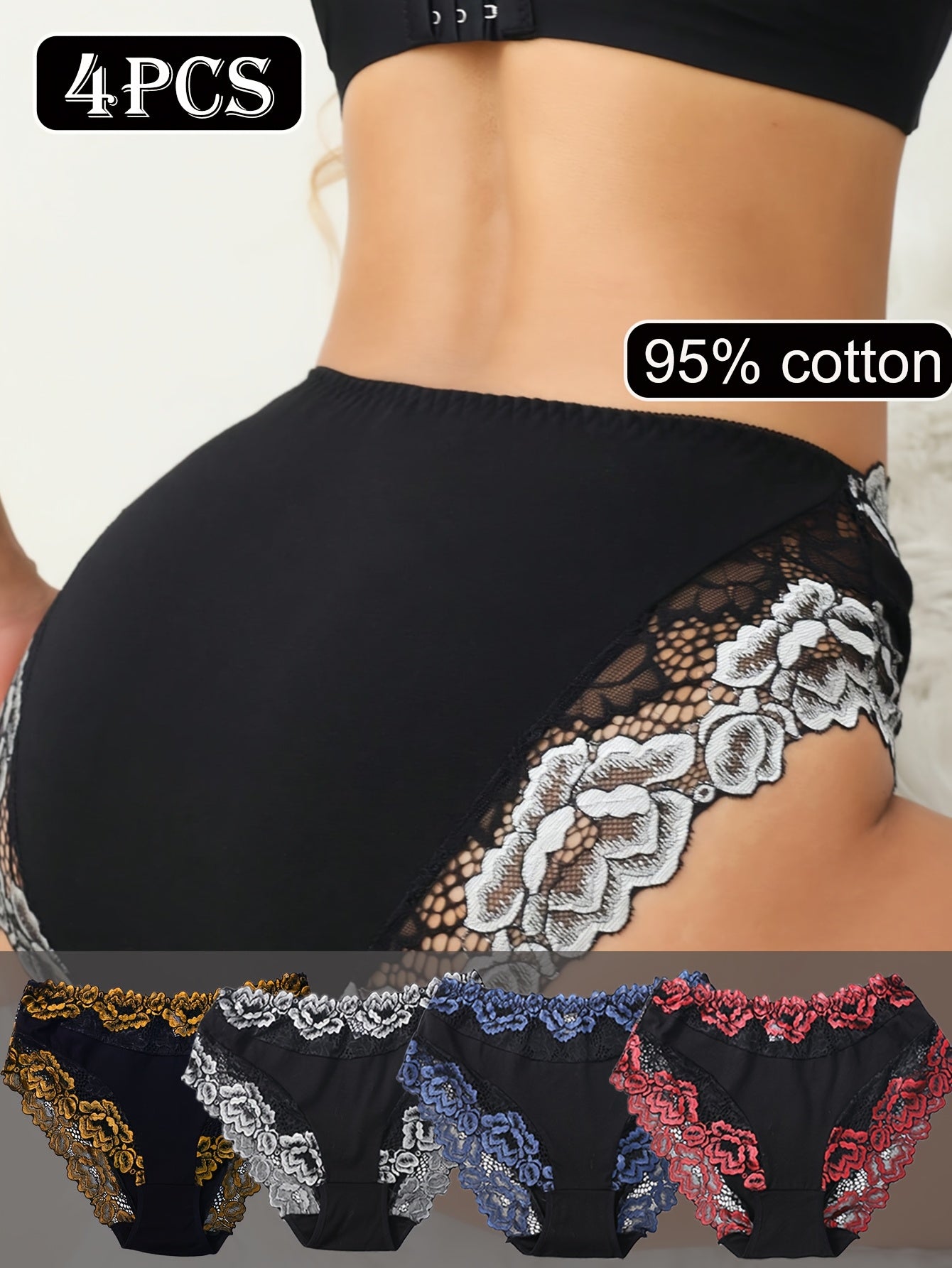 4pcs Women'S High-Waisted Lace Trim Panties - Breathable Mid-Rise Briefs with Floral Patterns, Elegant Contrast Trim in Black, Blue, Red & Golden, Comfortable & Stylish Underwear, Lace Trim Panties, Comfortable Underwear, Ele