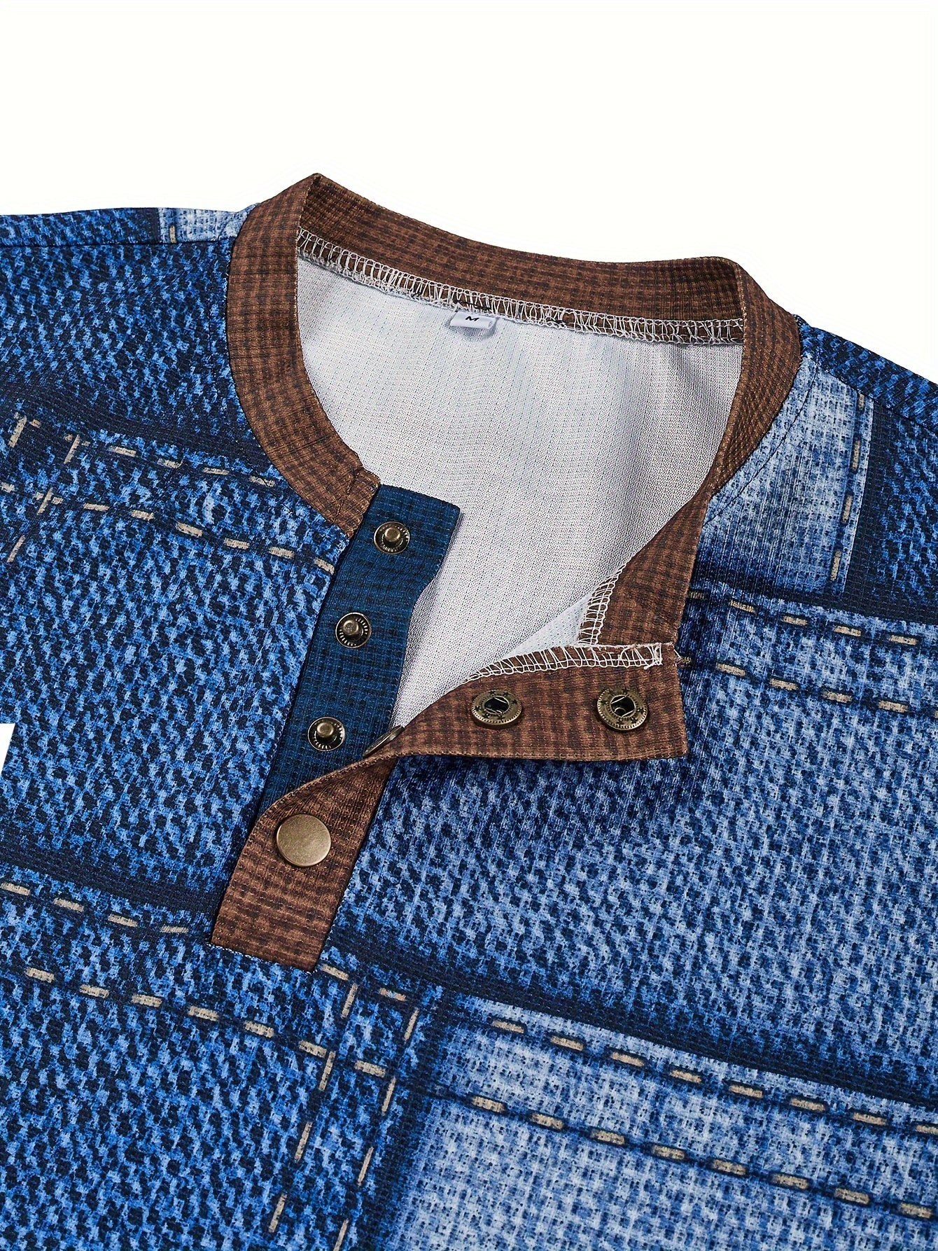 Men'S Casual Crew Neck Long Sleeve Geometric-pattern Henry Shirt, Slight Stretch Fabric, with Button and Heat Transfer Printing, for Outdoor, Spring/Fall