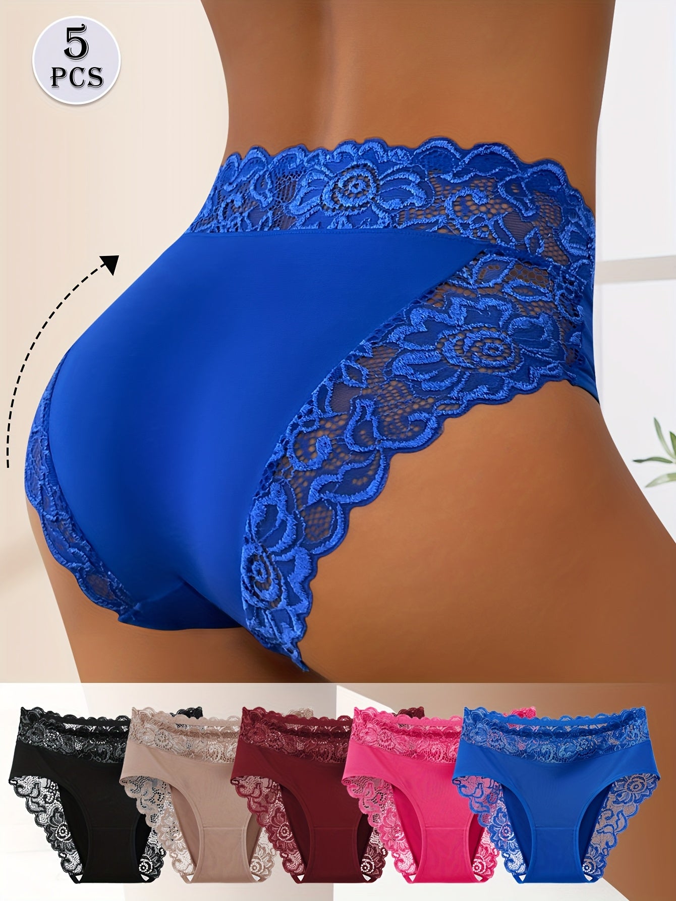 5pcs Women'S Elegant Lace Spliced Triangle Panties - Breathable Mid-Rise Bikini Briefs, Romantic Holiday Fashion, Solid Color, Comfortable & Stylish, Everyday Underwear | Elegant Lace Detail | Smooth Texture Fabric
