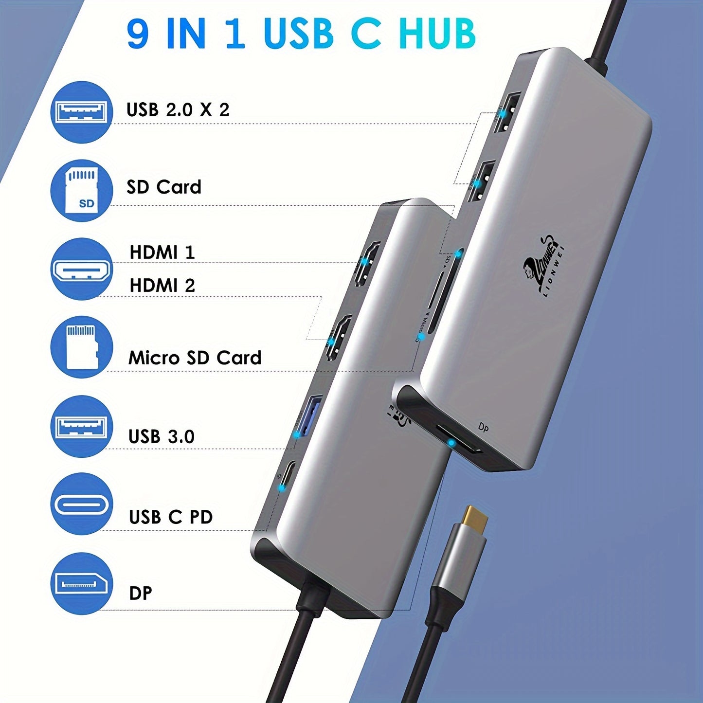USB C Docking Station Dual Monitor, 9-in-1 Triple Display USB C Hub Multiport Adapter for Dell/HP/Lenovo/Surface Pro Laptop, USB C to 2 HDMI, DisplayPort, 87W PD, 3 USB, SD/TF Card Reader