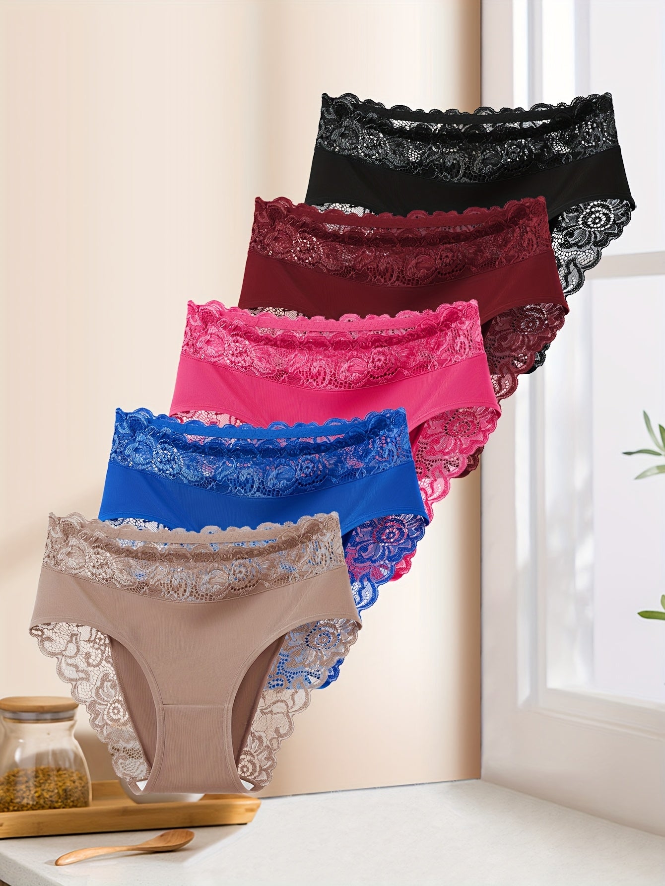 5pcs Women'S Elegant Lace Spliced Triangle Panties - Breathable Mid-Rise Bikini Briefs, Romantic Holiday Fashion, Solid Color, Comfortable & Stylish, Everyday Underwear | Elegant Lace Detail | Smooth Texture Fabric