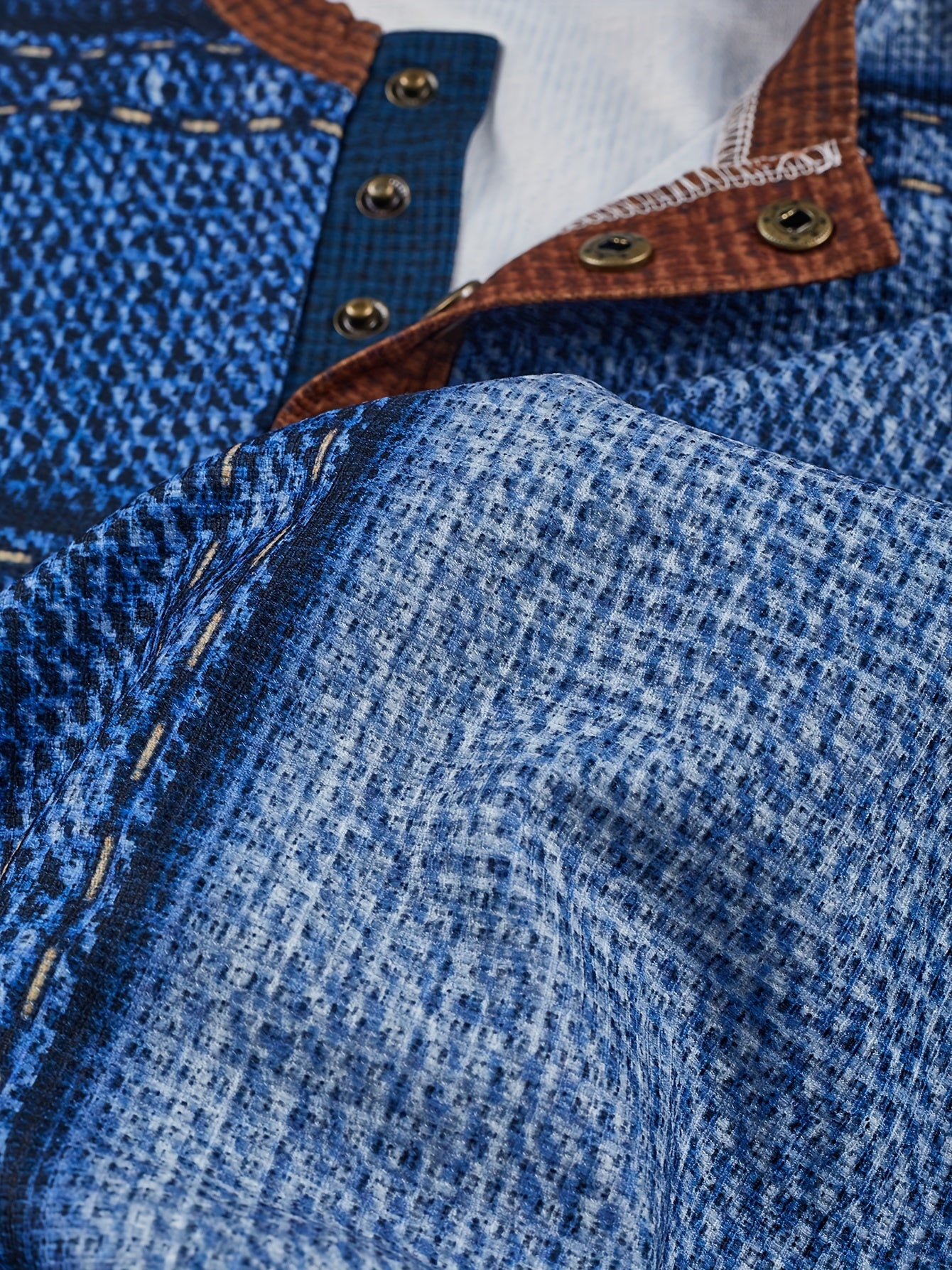 Men'S Casual Crew Neck Long Sleeve Geometric-pattern Henry Shirt, Slight Stretch Fabric, with Button and Heat Transfer Printing, for Outdoor, Spring/Fall