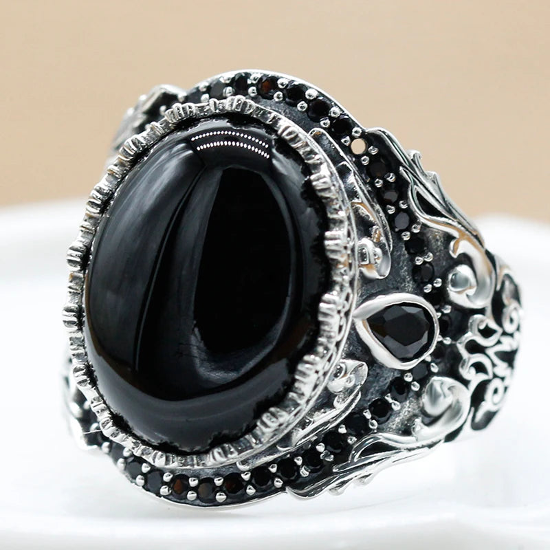 925 Sterling Silver Natural Black Onyx Men's Ring Vintage Turkish Punk Jewelry Trend Jewelry Set Couple Rings Women's Rings
