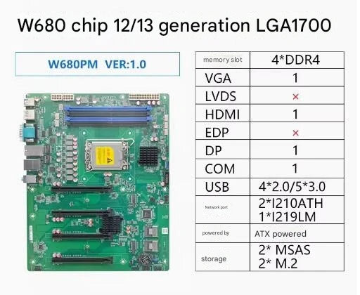 W680 Motherboard ATX SBC 12/13th Core i3/i5/i7/i9 LGA1700 Desktop Server CPU IPC Industrial Mainboard with COM LAN DDR ECC