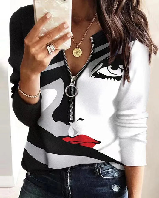 Women's Blouse  Fashion Digital Printing Zipper Long-sleeved Casual  Sudaderas Con Capucha Para Mujer Moletons Graphic Camisetas