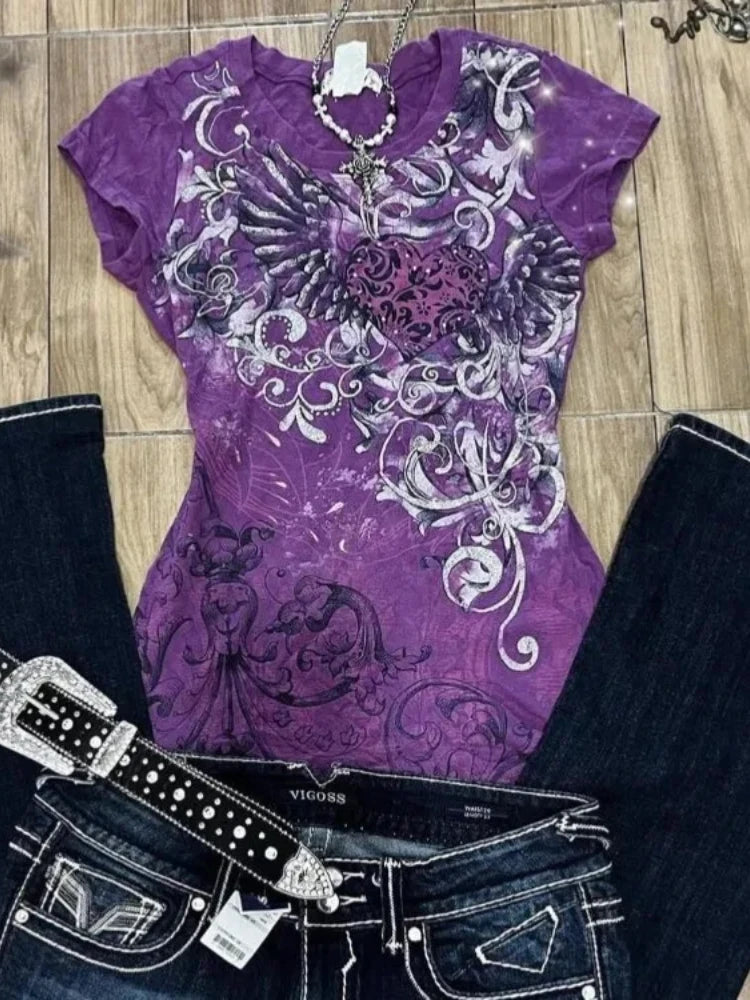 2025 Summer Y2k Harajuku Tshirts for Women V-neck Short Sleeve Tunic Camisetas Pink Print Tees Crop Tops Casual Chic Y2k T-shirt