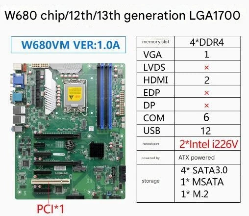 W680 Motherboard ATX SBC 12/13th Core i3/i5/i7/i9 LGA1700 Desktop Server CPU IPC Industrial Mainboard with COM LAN DDR ECC