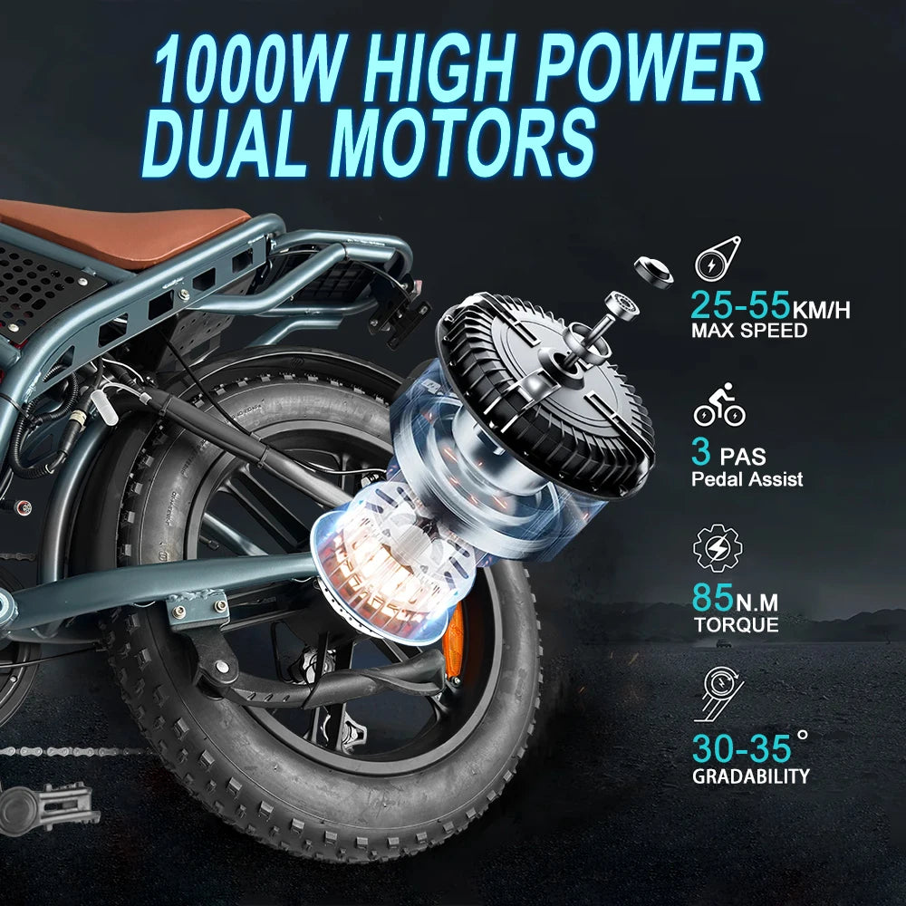 IDOTATA QS7 Electric Bike for Adults, 48V 60Ah, Dual Battery, 20inch, 4.0 Fat Tires,Snow Mountain E-Bike, 1000W Electric Bicycle