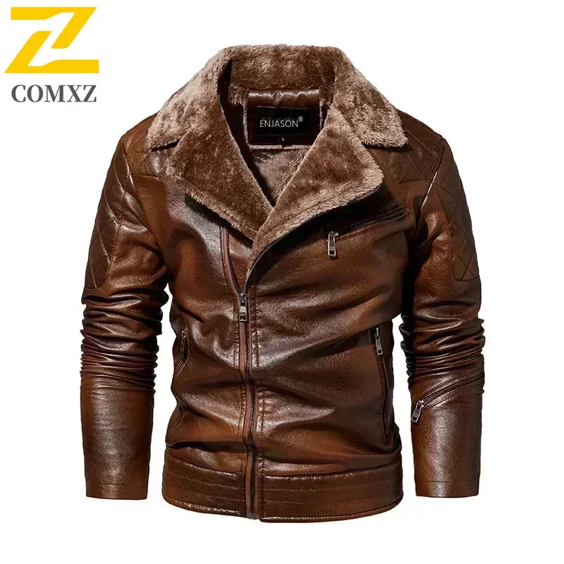Fashion Warm Winter Mens PU Leather Jacket With Fur Collar Thicken Fleece Motorcycle Coat Casual Faux Leather Locomotive Jacket