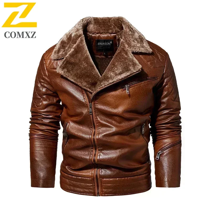 Fashion Warm Winter Mens PU Leather Jacket With Fur Collar Thicken Fleece Motorcycle Coat Casual Faux Leather Locomotive Jacket