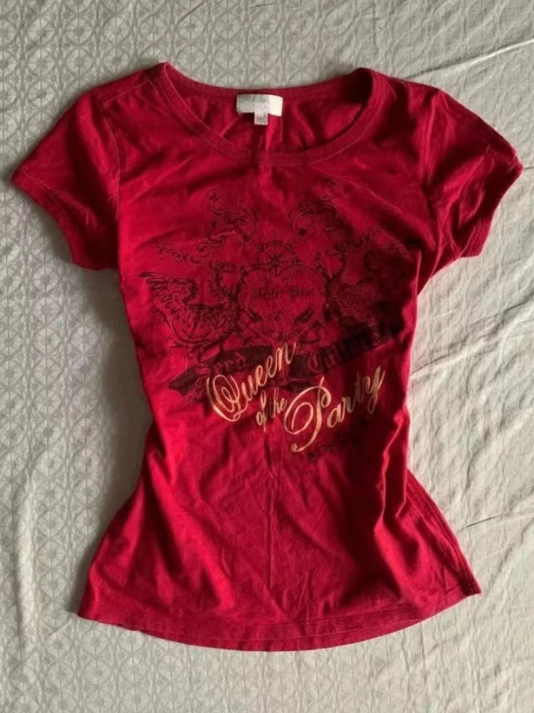 2025 Summer Y2k Harajuku Tshirts for Women V-neck Short Sleeve Tunic Camisetas Pink Print Tees Crop Tops Casual Chic Y2k T-shirt