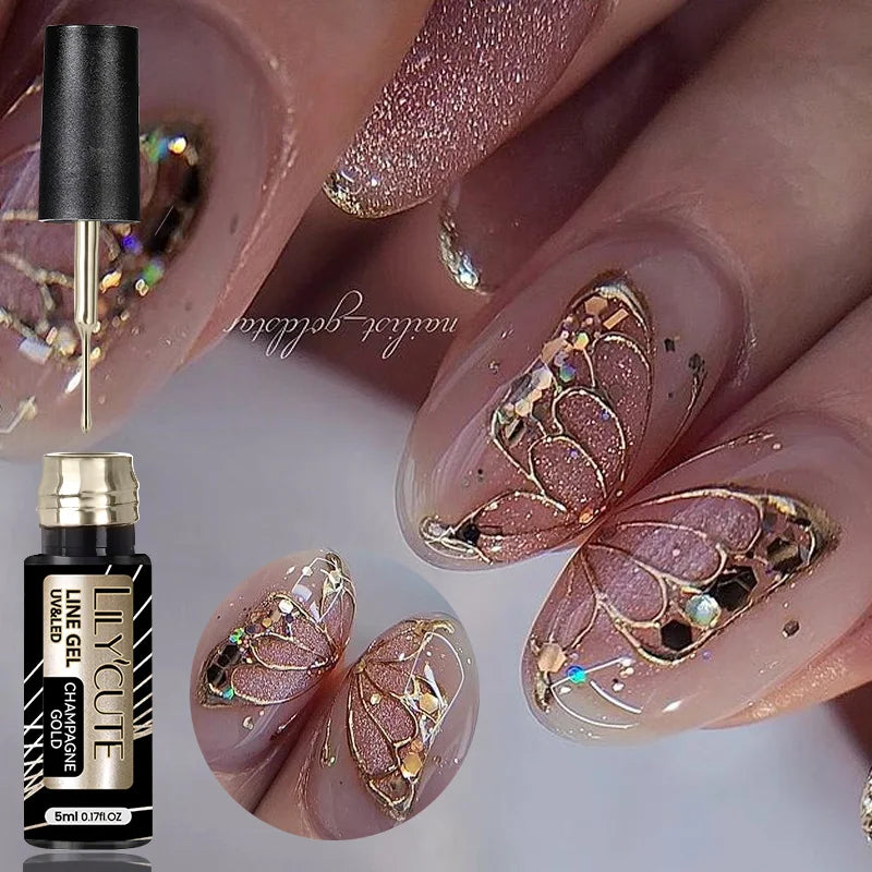 LILYCUTE 5ML Champagne Gold Reflective Glitter Liner Gel Nail Polish Bright Sparkling French Semi Permanent Nail Painting UV Gel