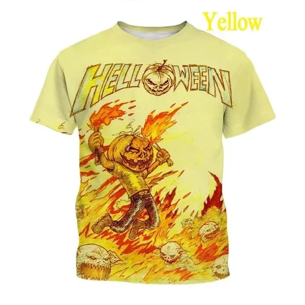 2024 Summer New Heavy Metal Rock Band Hellowen 3D Printed Street Fashion Extra Large Men's and Women's Round Neck T-shirt Y2K