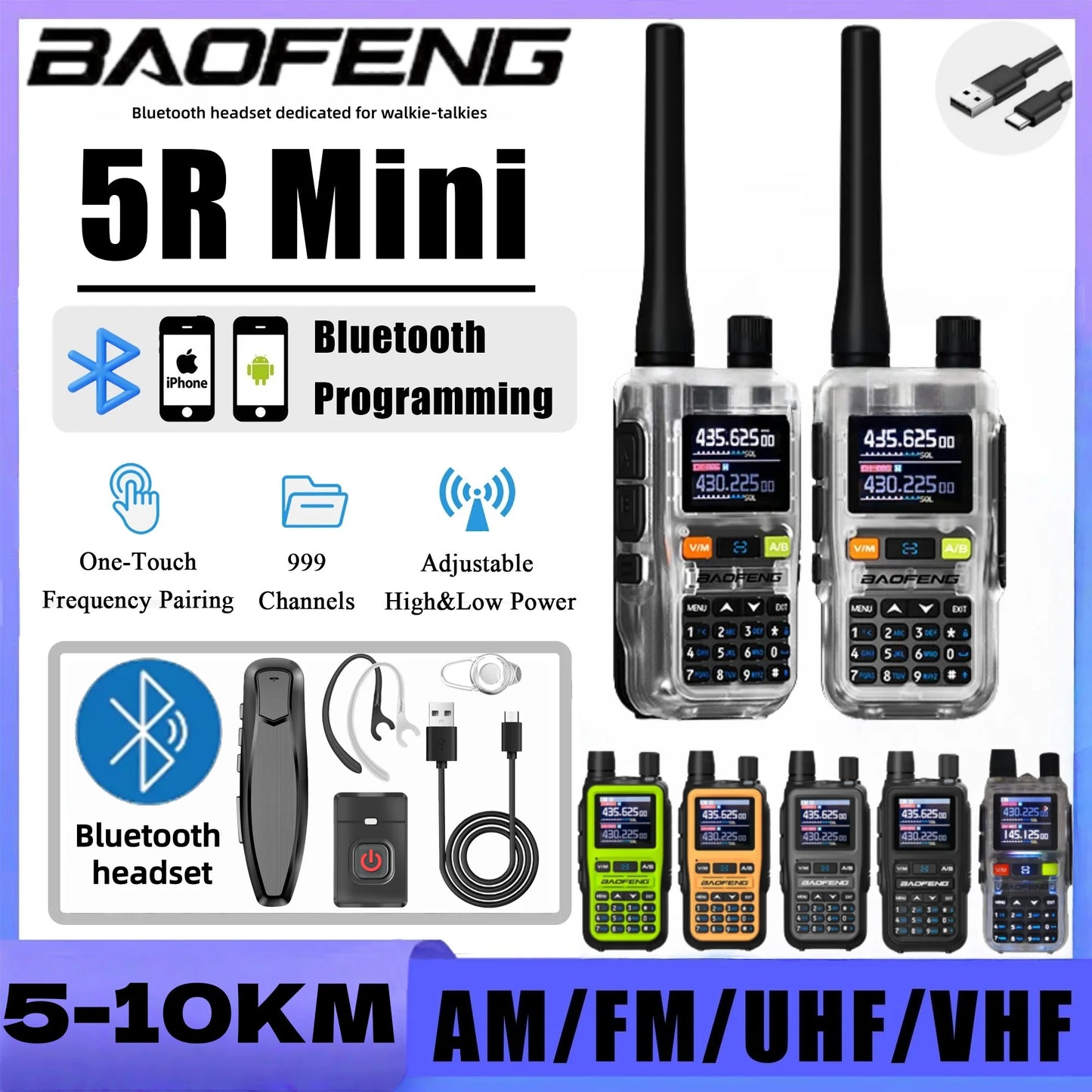 Baofeng UV 5R Mini Full Band Walkie Talkie Bluetooth Programming AM Wireless Copy Frequency 999CH Type-C Portable Ham Radio