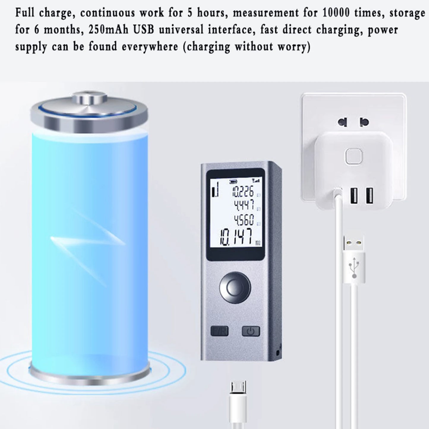 Mini Laser Rangefinder Digital Tape Measure Laser Ruler USB Charge Aluminum Alloy Fuselage Measuring Distance: 30/50/60m