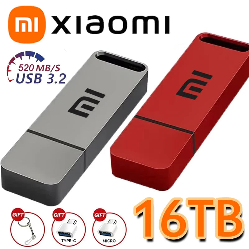 Xiaomi USB 3.2 16TB Flash Drive High Speed Transfer Metal Type C U Flash SSD Portable Mini Flash Drive Memory Waterproof U Drive
