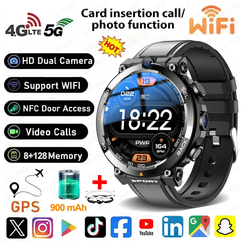 4G Smart Watch Men 1.39 inch Screen 900mah Battery 8GB+128GB RAM 500W Camera Video Call GPS WIFI Google APPS Download Smartwatch