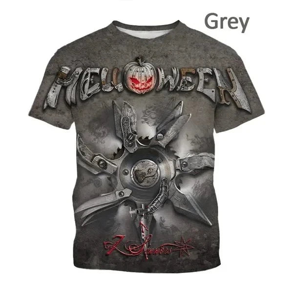 2024 Summer New Heavy Metal Rock Band Hellowen 3D Printed Street Fashion Extra Large Men's and Women's Round Neck T-shirt Y2K