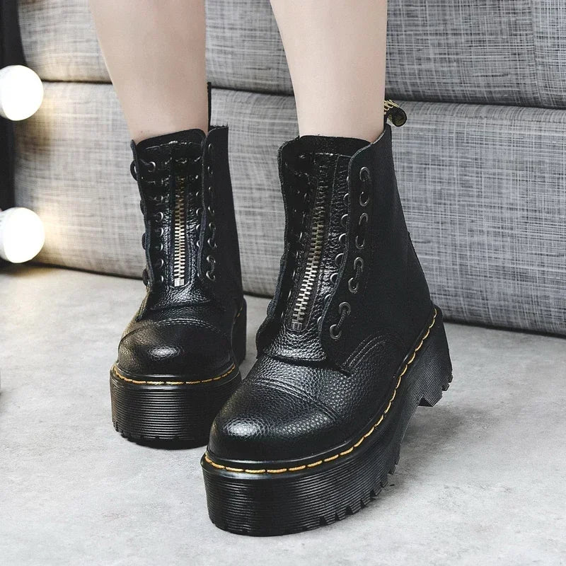 Women Boots Genuine Leather Platform Boots Motorcycle Shoes Front Zipper Optical Soles Fashion Sexy Punk Men Winter Boots 35-44