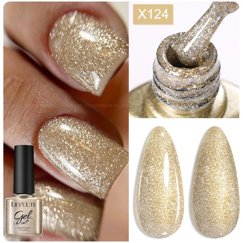 LILYCUTE 5ML Champagne Gold Reflective Glitter Liner Gel Nail Polish Bright Sparkling French Semi Permanent Nail Painting UV Gel