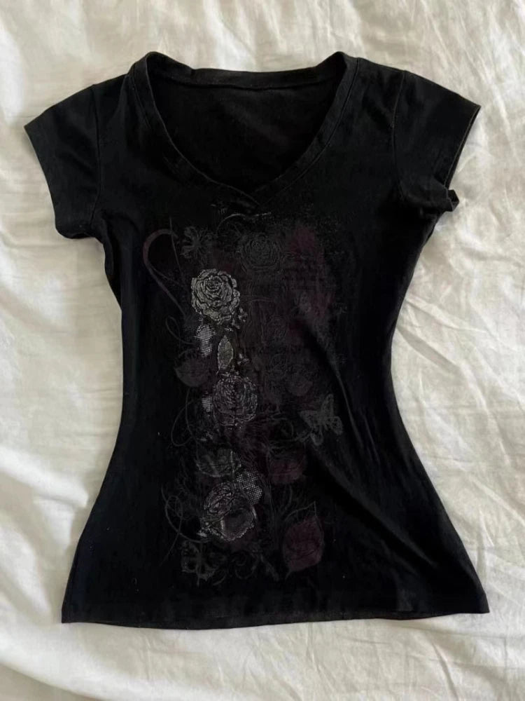 2025 Summer Y2k Harajuku Tshirts for Women V-neck Short Sleeve Tunic Camisetas Pink Print Tees Crop Tops Casual Chic Y2k T-shirt