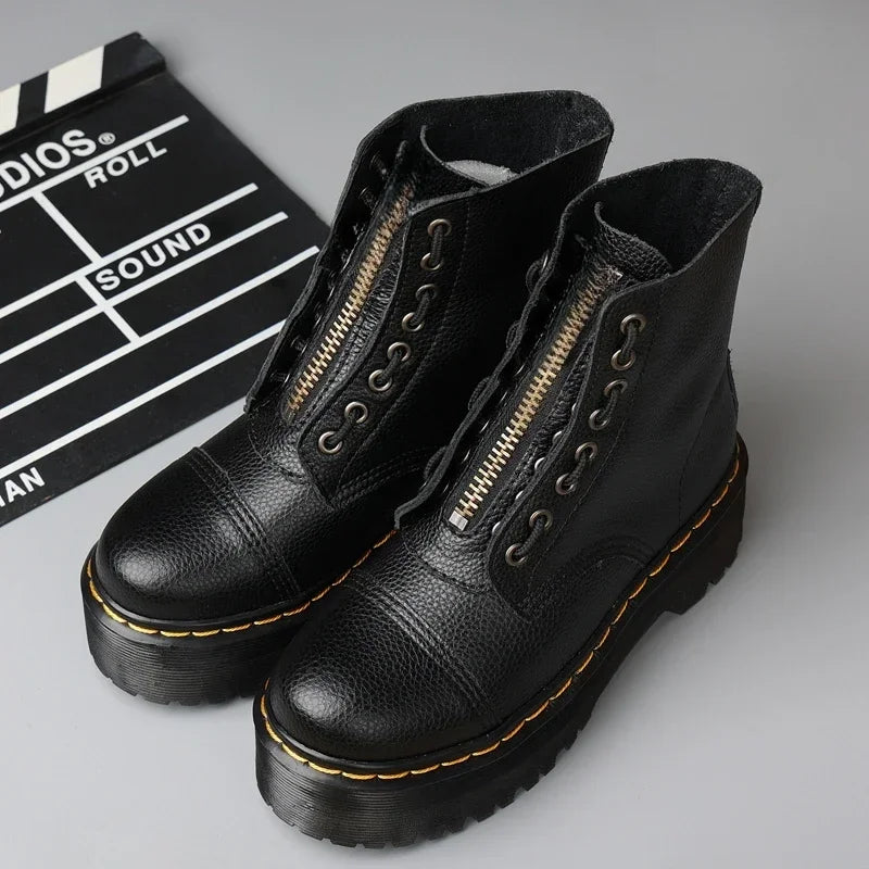 Women Boots Genuine Leather Platform Boots Motorcycle Shoes Front Zipper Optical Soles Fashion Sexy Punk Men Winter Boots 35-44