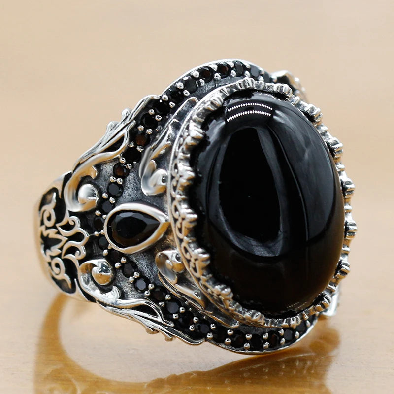 925 Sterling Silver Natural Black Onyx Men's Ring Vintage Turkish Punk Jewelry Trend Jewelry Set Couple Rings Women's Rings